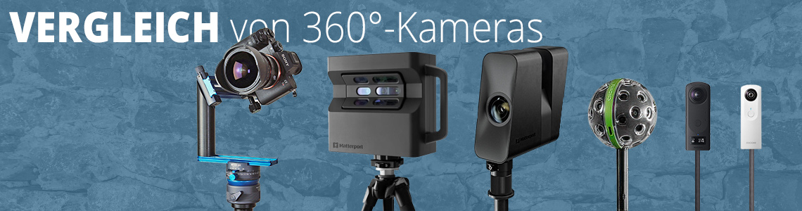 Kameravergleich | Vergleich von 360°-Kameras: Sony Alpha 7R IV, matterport Pro2, matterport Pro3, Panono, Ricoh Theta Z1, Ricoh Theta M15